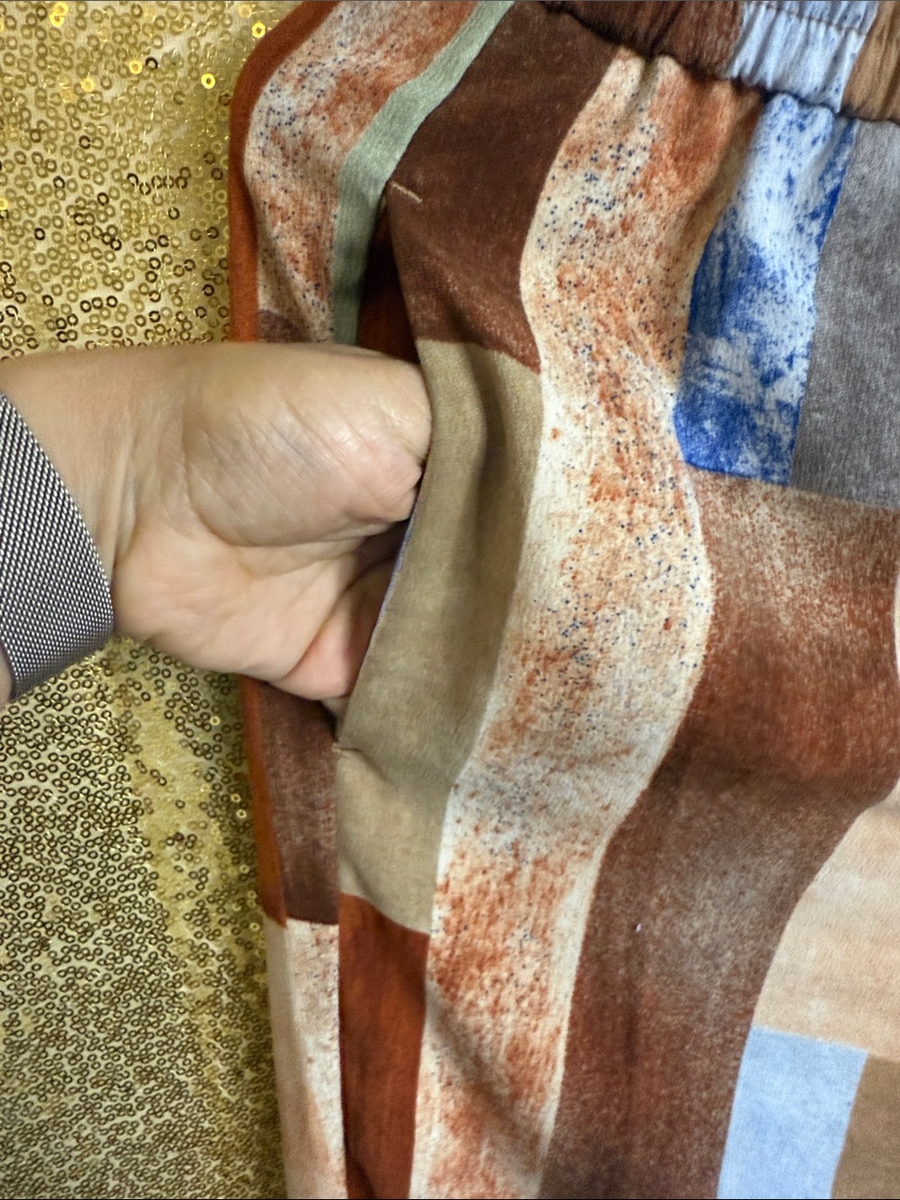 Wide-Leg Patchwork Stripe Pants in Brown & Tan - Picture 2 of 8